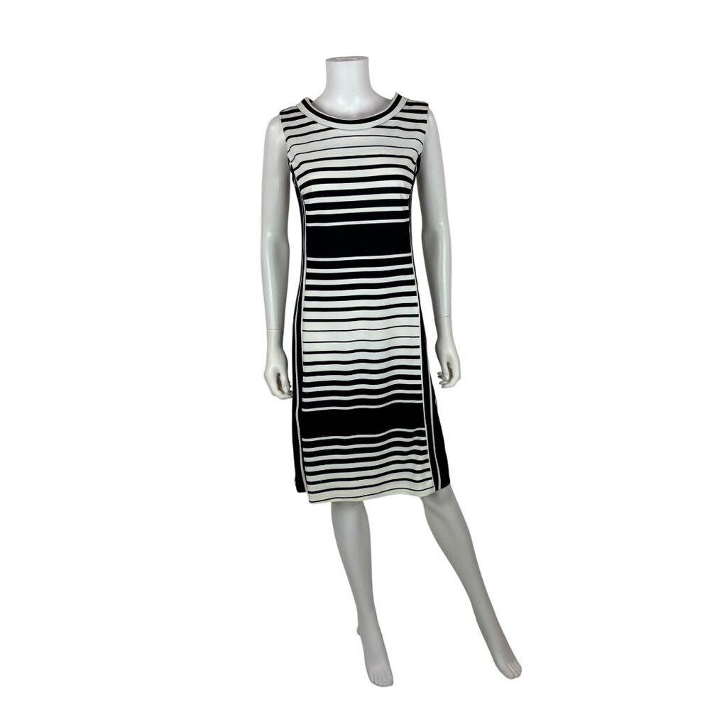 Vintage 60s Black Stripe Dress Womens Small White Striped Mod Shift